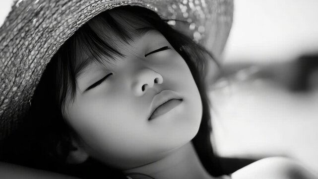 A young child wearing a sun hat and sunglasses is peacefully sleeping. The has a warm tone and the focus is on the face of the child who is likely a girl based on facial features.