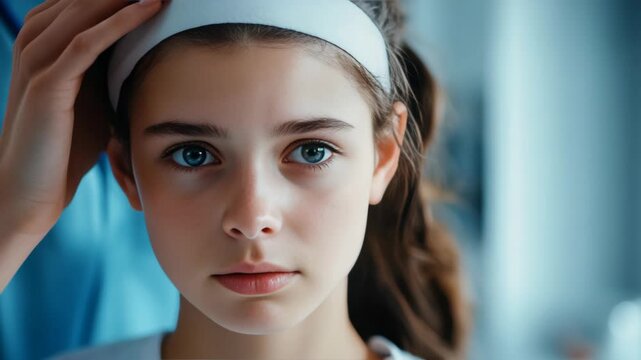 A serene portrait of a teenage girl with long brown hair and striking blue eyes. She is wearing a white headband and appears to be deep in thought or daydreaming.