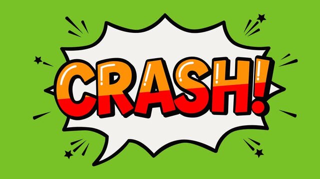 Dynamic animated comic speech bubble featuring the bold word "CRASH!" with vibrant colors and explosive impact effects on a green screen background