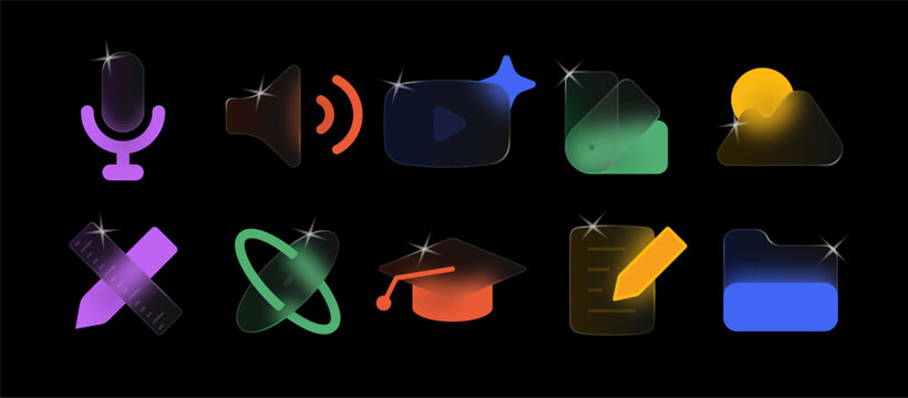 Glassmorphism icon set: transparent glass media education icons with blur and glow. Audio video symbols for UI, app and web. Modern vector interface icons, colorful on dark.