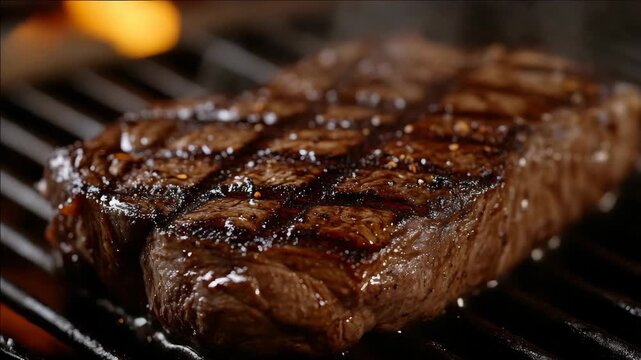 Sizzling steak cooking on the grill with oil and seasoning glistening on it.