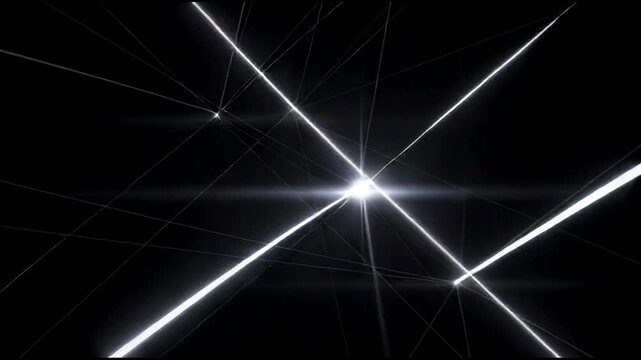 Bright glowing white light beams crossing over black background futuristic technology design