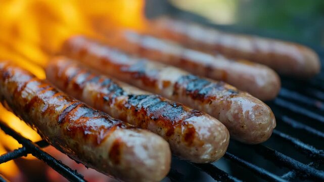 A delicious assortment of grilled sausages sizzling on a barbecue grill.