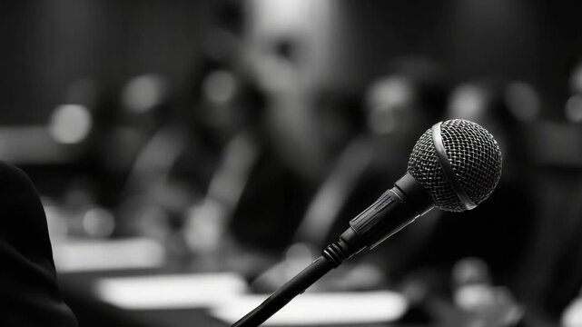 A person speaking into a microphone on stage at an event.