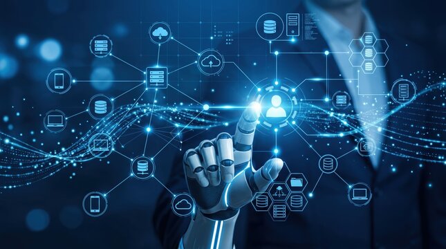 Robotic hand touching digital interface, artificial intelligence network connection, cloud computing database icons, cybersecurity technology, futuristic automation system