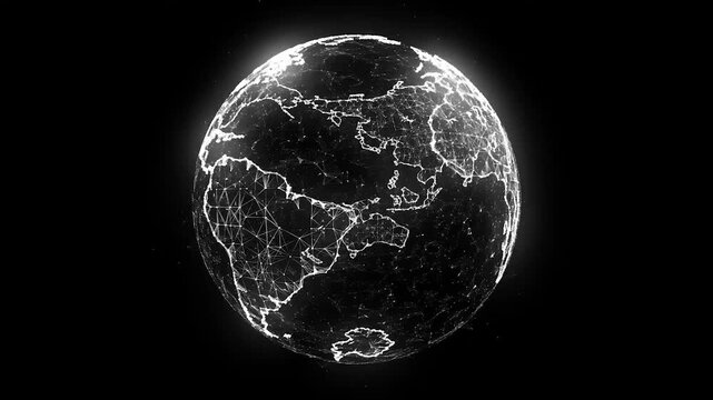 Digital plexus planet earth spinning continuously on isolated black background with glowing data connection lines