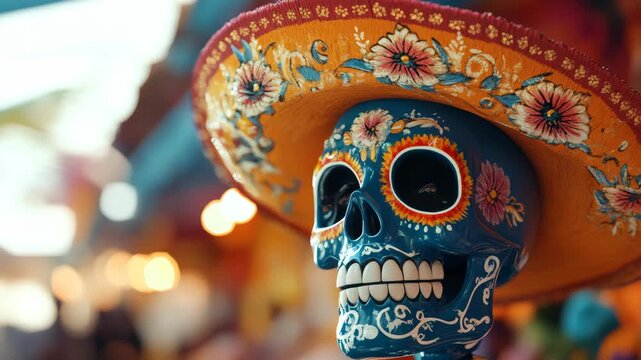 A vibrant skeleton model decorated for Day of the Dead celebrations, wearing a detailed sombrero adorned with flowers.