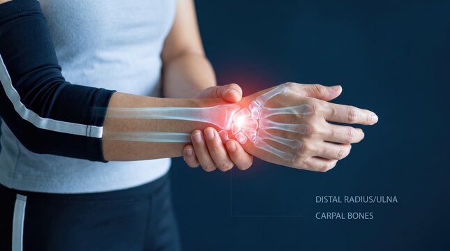 Woman holding painful wrist with x-ray view showing distal radius ulna and carpal bones, joint pain, arthritis, injury, medical healthcare, anatomy illustration for treatment