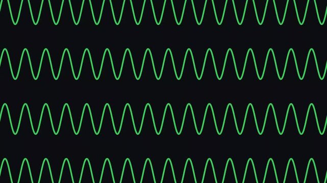 Oscilloscope waves display rhythmic green sine patterns across a stark black background to represent electronic signal data.