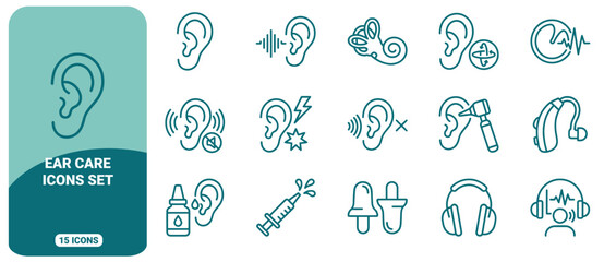 Set of 15 ear care and audiology line icons, featuring hearing aids, otoscope, ear drops, anatomy, and sound wave symbols in teal on white background © ico-vect
