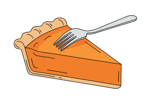 Single slice of pumpkin pie with fork rendered as colorful flat vector illustration for autumn food