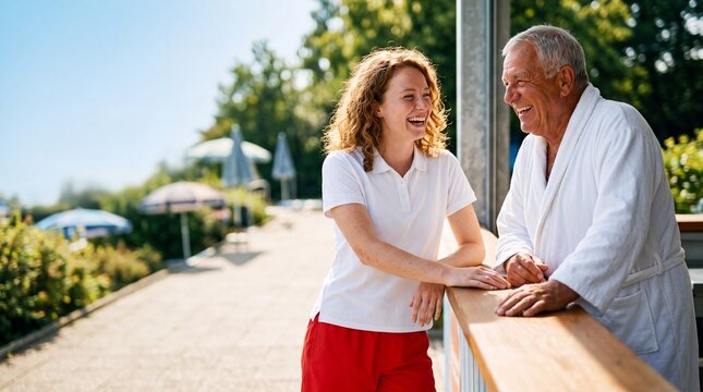 Bademeisterin und Senior beim Plausch am Kiosk im Freibad