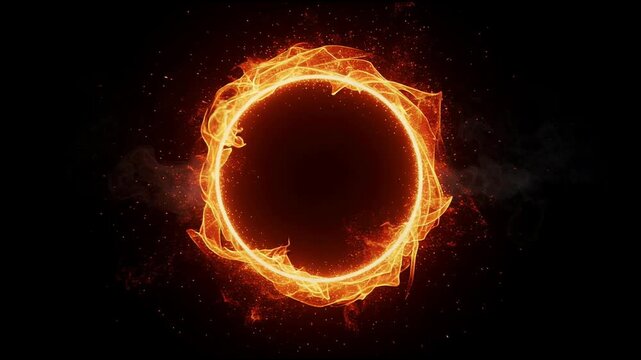Glowing fiery ring of fire with sparks and smoke on a dark background bright energy circle