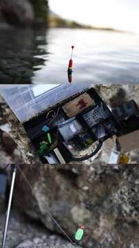 Vertical screen fishing collage with float tackle box and rigging details showing essential gear for shore angling preparation before relaxing by the sea