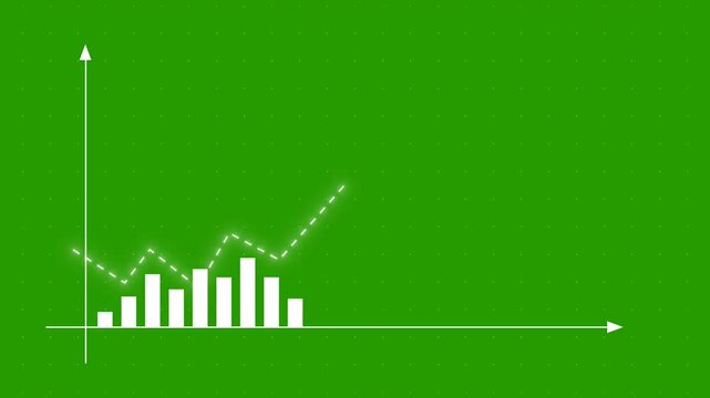 Financial stock market graph animation with rising dashed line trend over green screen chroma key background