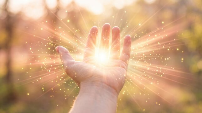 Human hand holding magical glowing light energy, sun rays shining through fingers with sparkling particles, spiritual healing power, hope and inspiration, nature sunlight bokeh