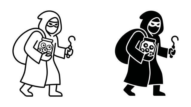 Thief with Loot: A robed figure, concealed by a hood and mask, carries a sack over their shoulder and a jar filled with eyes, accompanied by a hook. An illustration depicting a clandestine act.