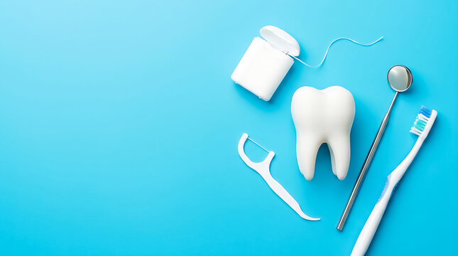 Dental care tools with tooth model on blue background toothbrush dentistry