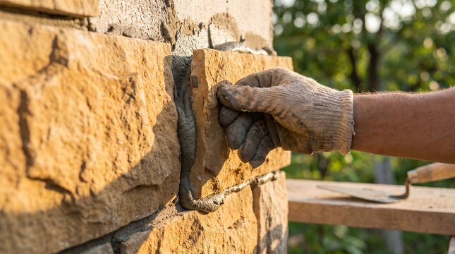 Close-up of a mason laying natural stone blocks with fresh mortar for a retaining wall.