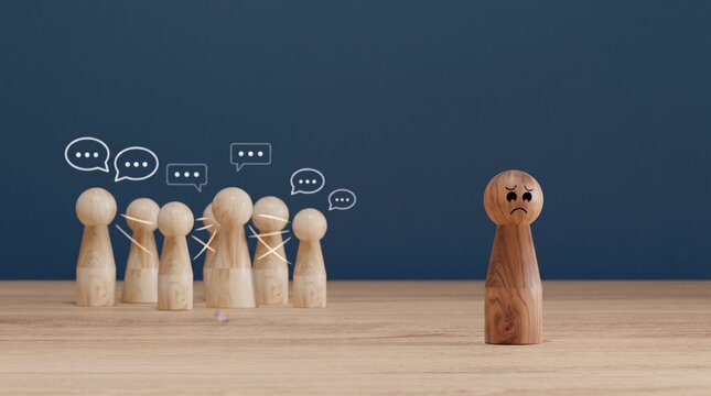 Wooden figures representing social isolation and bullying, lonely person excluded from group, mental health, depression, anxiety, rejection, peer pressure, emotional pain