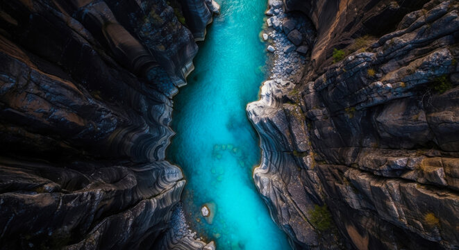 Aerial top view of a vibrant turquoise river flowing through a narrow rocky canyon gorge with textured walls