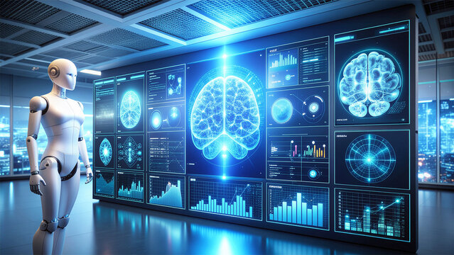 Humanoid robot standing before large glowing interactive control panel wall displaying medical brain scans financial data charts and analytical diagrams in futuristic scientific laboratory , 3D render