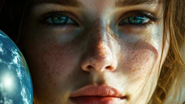 Beautiful young woman looking up with striking blue eyes and freckled skin in a soft focus background.
