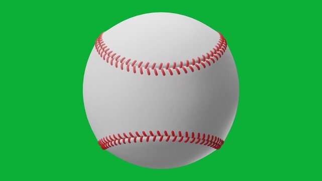 Spinning baseball with red stitching close up animation isolated on chroma key green screen background for sports