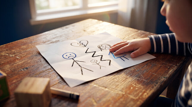 Child hand touching sad stick figure family drawing divided by black zigzag line on wooden table symbolizing divorce and separation