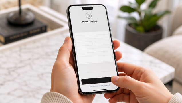 Person holding a smartphone with a secure checkout screen. Online shopping and mobile payment concept