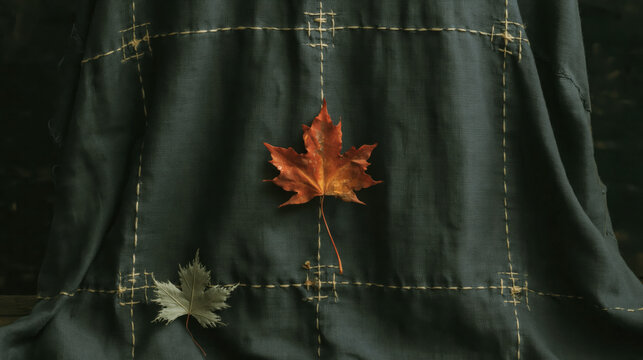 Autumn Leaves on Dark Fabric with Stitching Detail