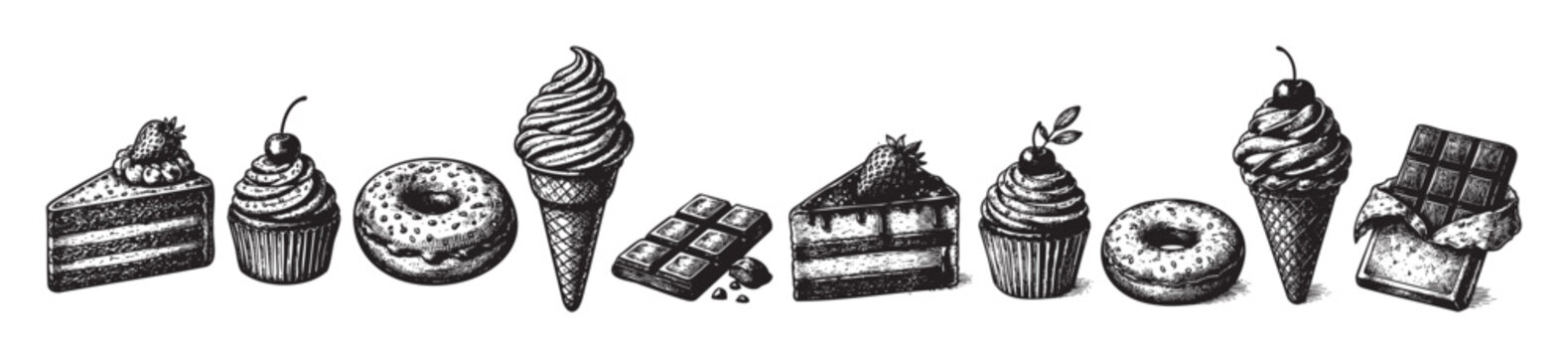 Delicious hand-drawn desserts including cakes, cupcakes, donuts, ice cream cones, and chocolate bars in a vintage engraving style on a clean white background