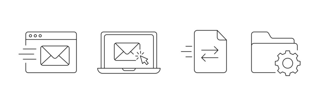 Email and file transfer icon set. Indicating sending in interface. Editable stroke vector illustration.