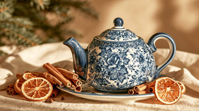 Blue Floral Teapot with Cinnamon and Dried Orange Slices