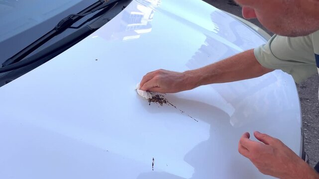 Close-up of a man's hands wiping and cleaning bird poop droppings from a white car hood using a wet tissue wipe outdoors, careful vehicle care and detailing, auto maintenance routine, car cleaning ser