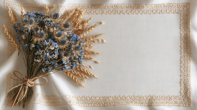Dried Flower Bouquet on Embroidered Linen Background