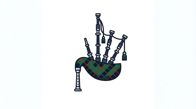Stylized vector illustration featuring traditional musical instrument bagpipes with tartan pattern with icon traditional bagpipe