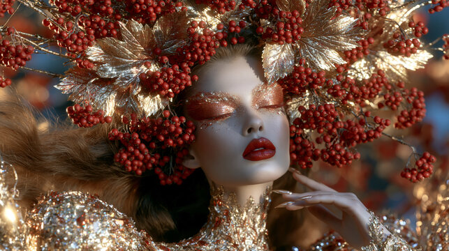Elegant Woman with Floral Headpiece and Glamorous Makeup
