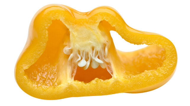 Yellow bell pepper slice with visible seeds and internal structure, isolated on transparent background