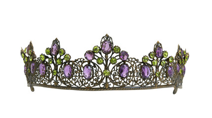 Ornate antique tiara with purple amethyst and green peridot gemstones, isolated on transparent background © Mira