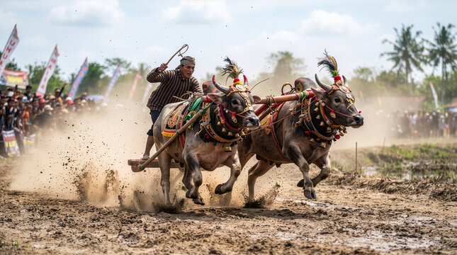 Traditional Pacu Jawi Bull Race Festival in Muddy Paddy Field West Sumatra Indonesia