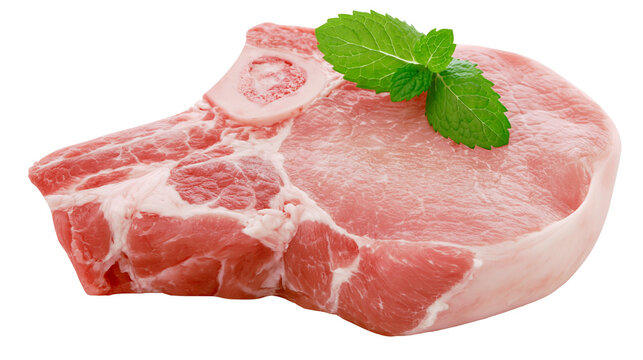 Raw pork chop with bone and mint leaf, isolated on transparent background