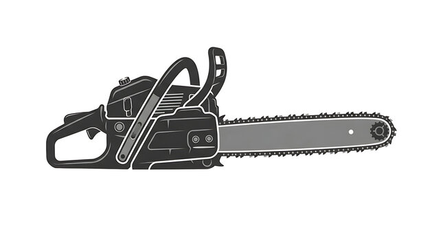 Minimalist professional chainsaw icon silhouette isolated on plain white background for construction tool industrial design projects
