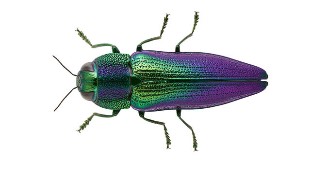 Iridescent metallic green and purple jewel beetle, isolated on transparent background
