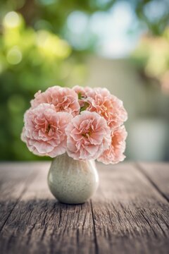 Pink rose flower in small vase on wooden table. Soft summer garden bouquet. Romantic floral decoration for home interior. Natural beauty of spring blossom, rustic style arrangement.