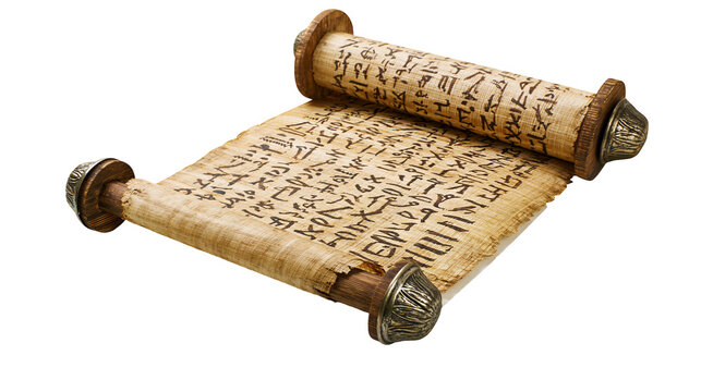 Ancient papyrus scroll with hieroglyphic text and wooden rollers, isolated on transparent background