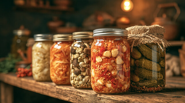 Assorted Jars of Preserved Vegetables and Nuts on Wooden Shelf
