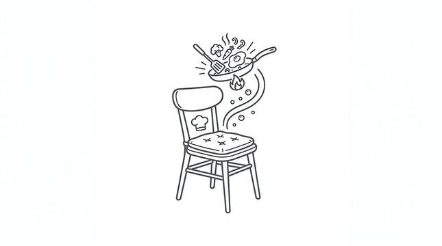 Minimalist line art illustration featuring wooden chair with chef hat icon with topped floating pan food