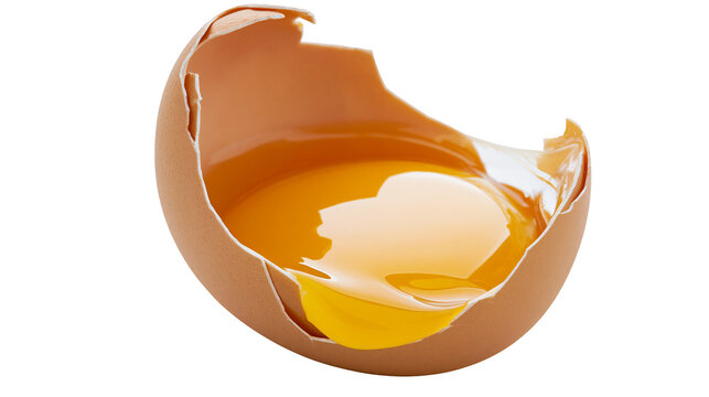 Broken brown eggshell with liquid yolk and albumen, isolated on transparent background