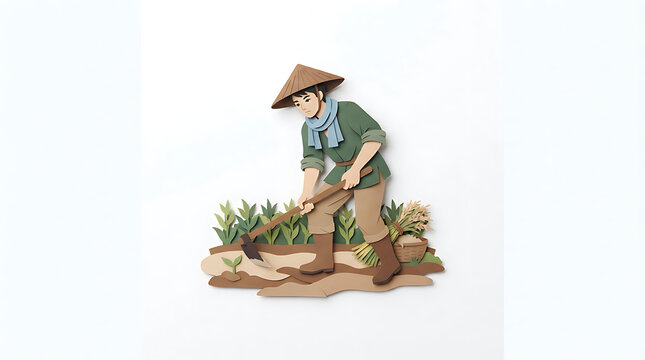 Paper cut illustration featuring a diligent farmer working in the field with a hoe with using hoe tend green crops white background
